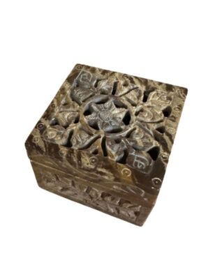 Hand-carved Indian soapstone box with pierced floral lid and sides